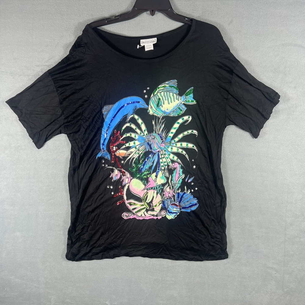 VTG SASSY DOLL Women's Medium Black Rayon Sequin Dolphin‎ Fish Ocean Tunic Top